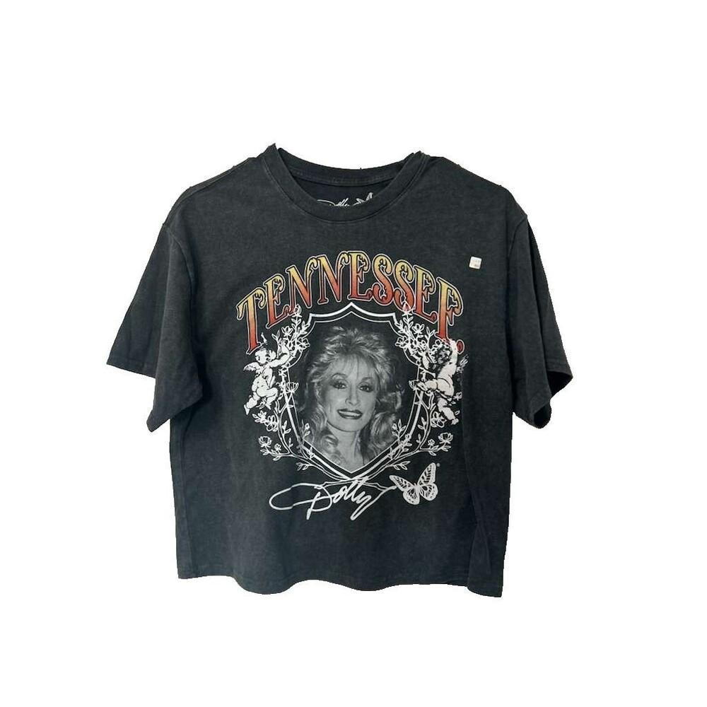 Dolly Parton Tennessee Crop Top Women Large Black Mineral Wash Tee New